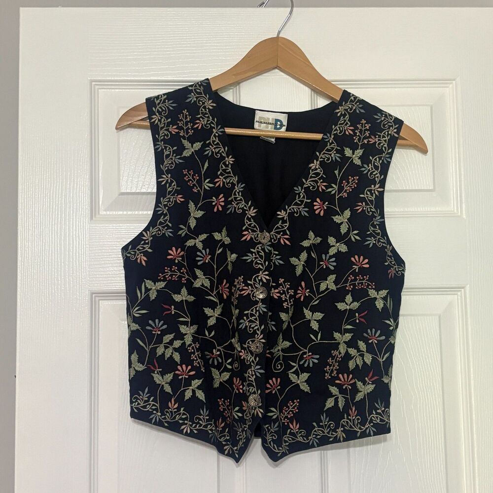 Vintage Paul Harris Design Vest Womens Small Green Floral Embroidered Cottage